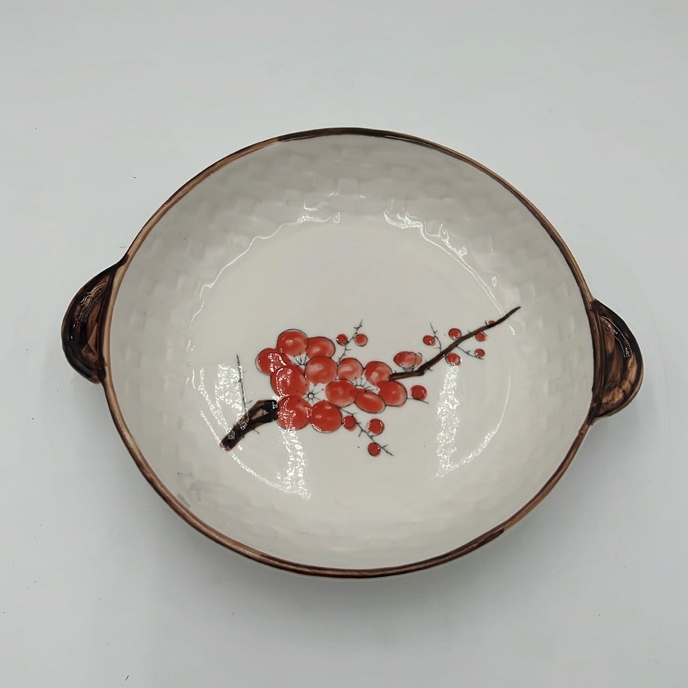 Hand Painted Cherry Blossom Basket Weave Ceramic Dish